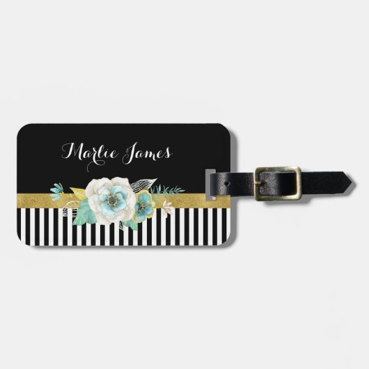 Chic Gold Mint Flowers met zwarte strepen en naam Bagagelabel (Voorkant horizontaal)