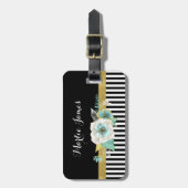 Chic Gold Mint Flowers met zwarte strepen en naam Bagagelabel (Voorkant verticaal)