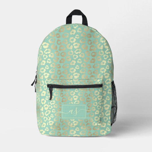 Chic Gold & Mint Green Leopard Print Monogram Bedrukte Rugzak (Voorkant)