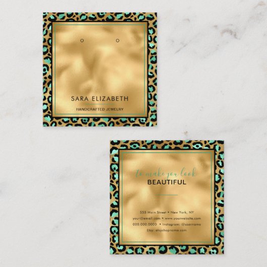 Chic Gold Mint Leopard-kaart voor aflevering Vierkante Visitekaartje (Voorkant / Achterkant)
