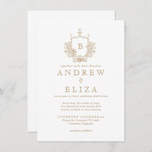 Chic Gold Monogram Crest Wedding Uitnodiging (Voorkant / Achterkant)
