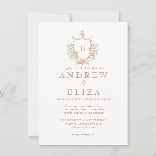 Chic Gold Monogram Crest Wedding Uitnodiging (Voorkant)
