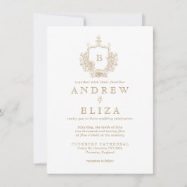 Chic Gold Monogram Crest Wedding Uitnodiging