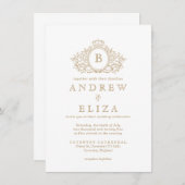 Chic Gold Monogram Crest Wedding Uitnodiging (Voorkant / Achterkant)