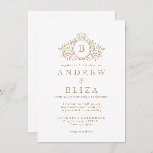 Chic Gold Monogram Crest Wedding Uitnodiging (Voorkant / Achterkant)