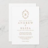 Chic Gold Monogram Crest Wedding Uitnodiging (Voorkant / Achterkant)