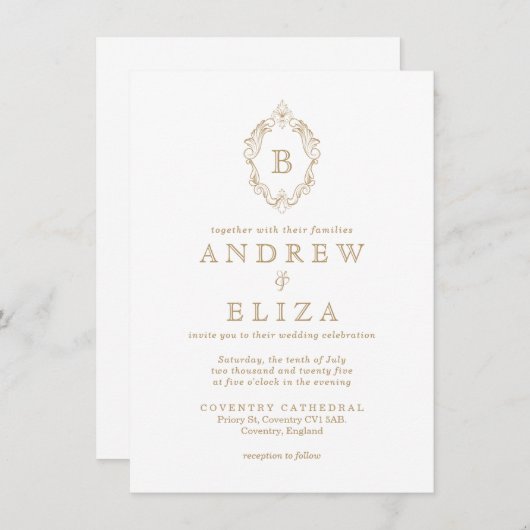 Chic Gold Monogram Crest Wedding Uitnodiging (Voorkant / Achterkant)