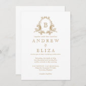 Chic Gold Monogram Crest Wedding Uitnodiging (Voorkant / Achterkant)