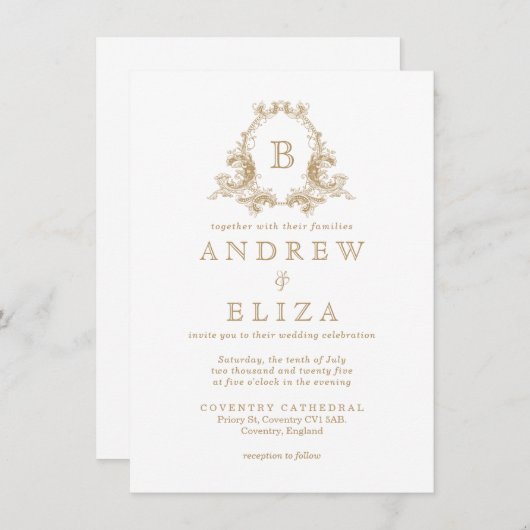 Chic Gold Monogram Crest Wedding Uitnodiging (Voorkant / Achterkant)