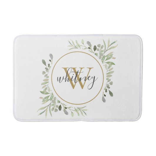 Chic Gold Monogram Elegant Script Greenery Badmat (Voorkant)