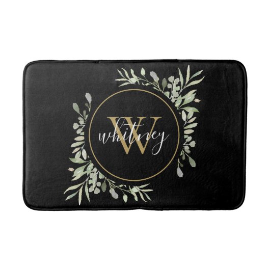 Chic Gold Monogram Elegant Script Greenery Black Badmat (Voorkant)