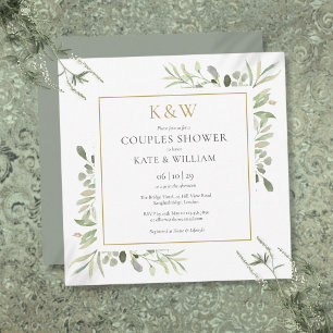 Chic Gold Monogram Greenery Couples Shower Square Kaart