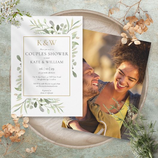 Chic Gold Monogram Greenery Photo Couples Shower Kaart