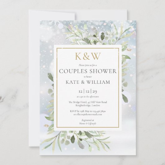 Chic Gold Monogram Greenery Winter Couples Shower Kaart (Voorkant)