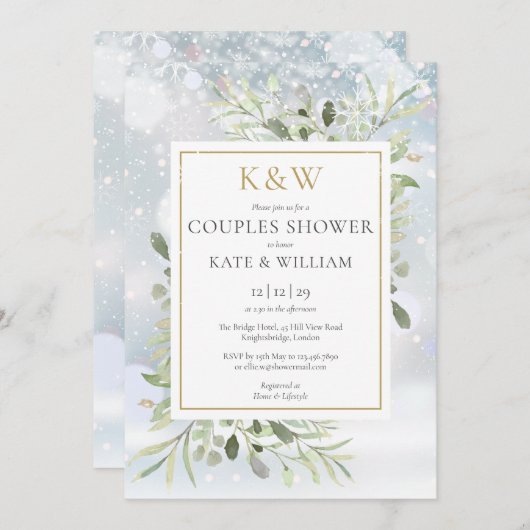 Chic Gold Monogram Greenery Winter Couples Shower Kaart (Voorkant / Achterkant)