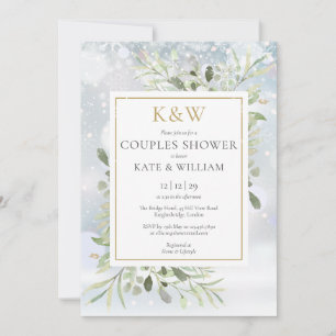 Chic Gold Monogram Greenery Winter Couples Shower Kaart