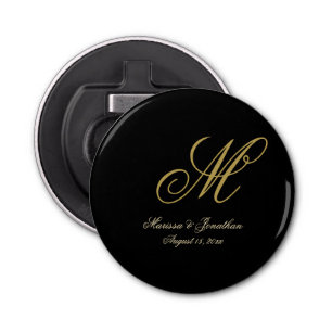 Chic Gold Monogram Script Black Wedding Button Flesopener
