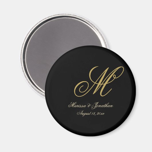 Chic Gold Monogram Script Black Wedding Magneet (Voorkant / Achterkant)