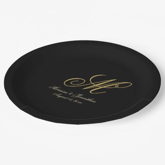 Chic Gold Monogram Script Black Wedding Papieren Bordje (Gekanteld)