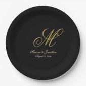 Chic Gold Monogram Script Black Wedding Papieren Bordje (Voorkant)