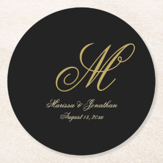 Chic Gold Monogram Script Black Wedding Ronde Kartonnen Onderzetter
