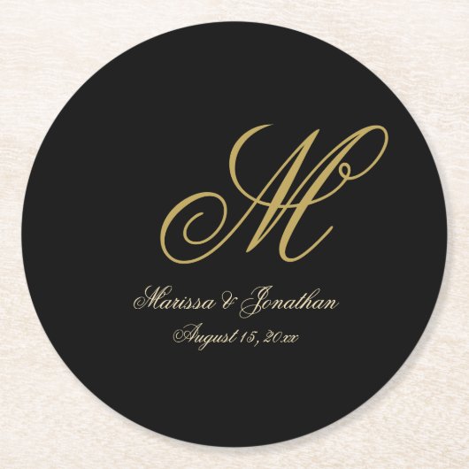 Chic Gold Monogram Script Black Wedding Ronde Kartonnen Onderzetter (Voorkant)