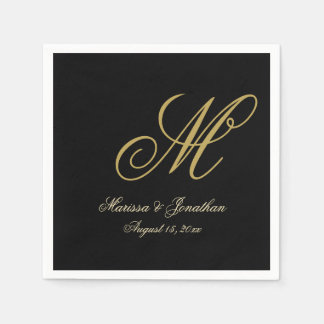 Chic Gold Monogram Script Black Wedding Servet