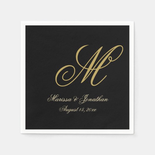 Chic Gold Monogram Script Black Wedding Servet (Voorkant)