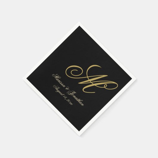Chic Gold Monogram Script Black Wedding Servet (Hoek)