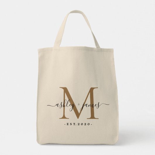 Chic Gold Monogram Script Names Weduwdatum Tote Bag (Achterkant)