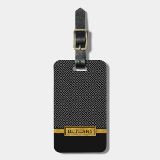 Chic Gold Name en Black Greek Key Pattern Bagagelabel (Voorkant verticaal)