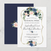 Chic Gold Navy Blue Blush Flowers Rehearsal Dinner Kaart (Voorkant / Achterkant)