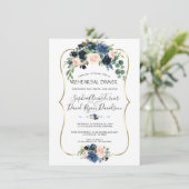 Chic Gold Navy Blue Blush Flowers Rehearsal Dinner Kaart (Staand voorkant)