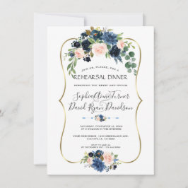 Chic Gold Navy Blue Blush Flowers Rehearsal Dinner Kaart