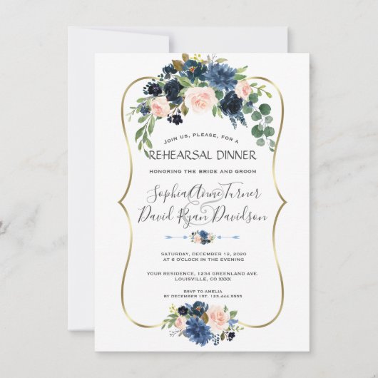 Chic Gold Navy Blue Blush Flowers Rehearsal Dinner Kaart (Voorkant)