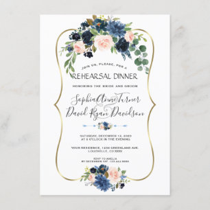 Chic Gold Navy Blue Blush Flowers Rehearsal Dinner Kaart