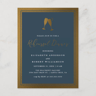 Chic Gold & Navy Flutes Rehearsal Dinner Uitnodiging Briefkaart
