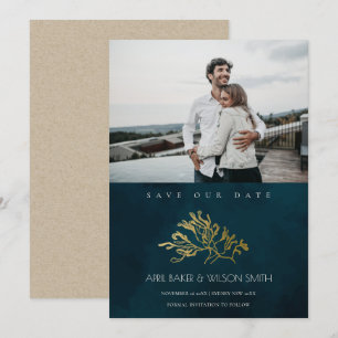 CHIC GOLD NAVY SEAWEED BESPAAR DE DATUM FOTO INVIT BEDANKKAART