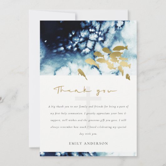 CHIC GOLD NAVY UNDERWATER FISH HOLY COMMUNION than Bedankkaart (Voorkant)