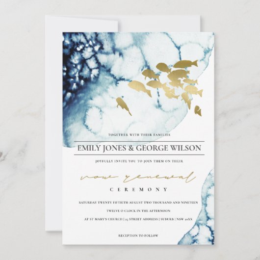 CHIC GOLD NAVY UNDERWATER FISH VOW RENEWAL INVITE BEDANKKAART (Voorkant)