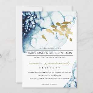 CHIC GOLD NAVY UNDERWATER FISH VOW RENEWAL INVITE BEDANKKAART