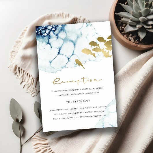 CHIC GOLD NAVY UNDERWATER FISH WEDDING RECEPT INFORMATIEKAARTJE