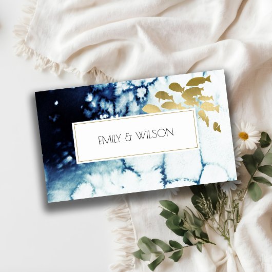 CHIC GOLD NAVY UNDERWATER ZEE FISH WEDDING WEBSITE VISITEKAARTJE
