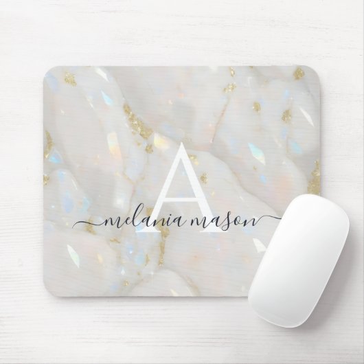 Chic Gold Opal Gemstone Marble Monogram Muismat (Met muis)