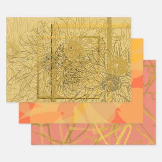 Chic Gold Oranje Roze Floral Inpakpapier Vel (Set)
