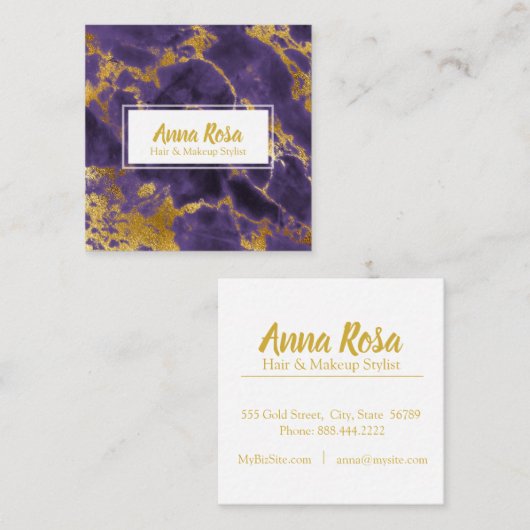*~* Chic Gold Paarse Marble Girly Makeup Popular Vierkante Visitekaartje (Voorkant / Achterkant)