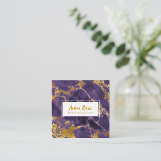 *~* Chic Gold Paarse Marble Girly Makeup Popular Vierkante Visitekaartje (Staand voorkant)