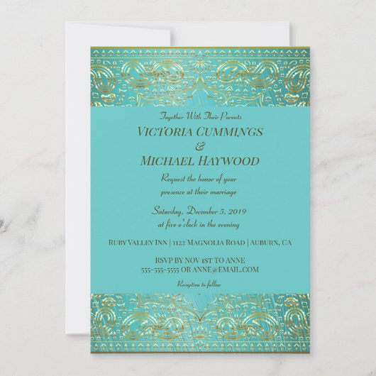 Chic Gold Paisley en Aqua Blue Kaart (Voorkant)