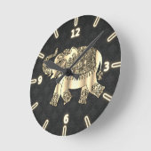 Chic Gold Paisley Floral Elephant, Black Damask Ronde Klok (Hoek)