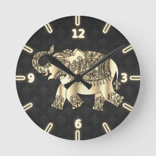 Chic Gold Paisley Floral Elephant, Black Damask Ronde Klok